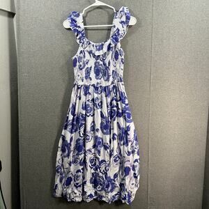 Destination 365 Printed Ruffle Dress With Smocking Blue Size XX-Small